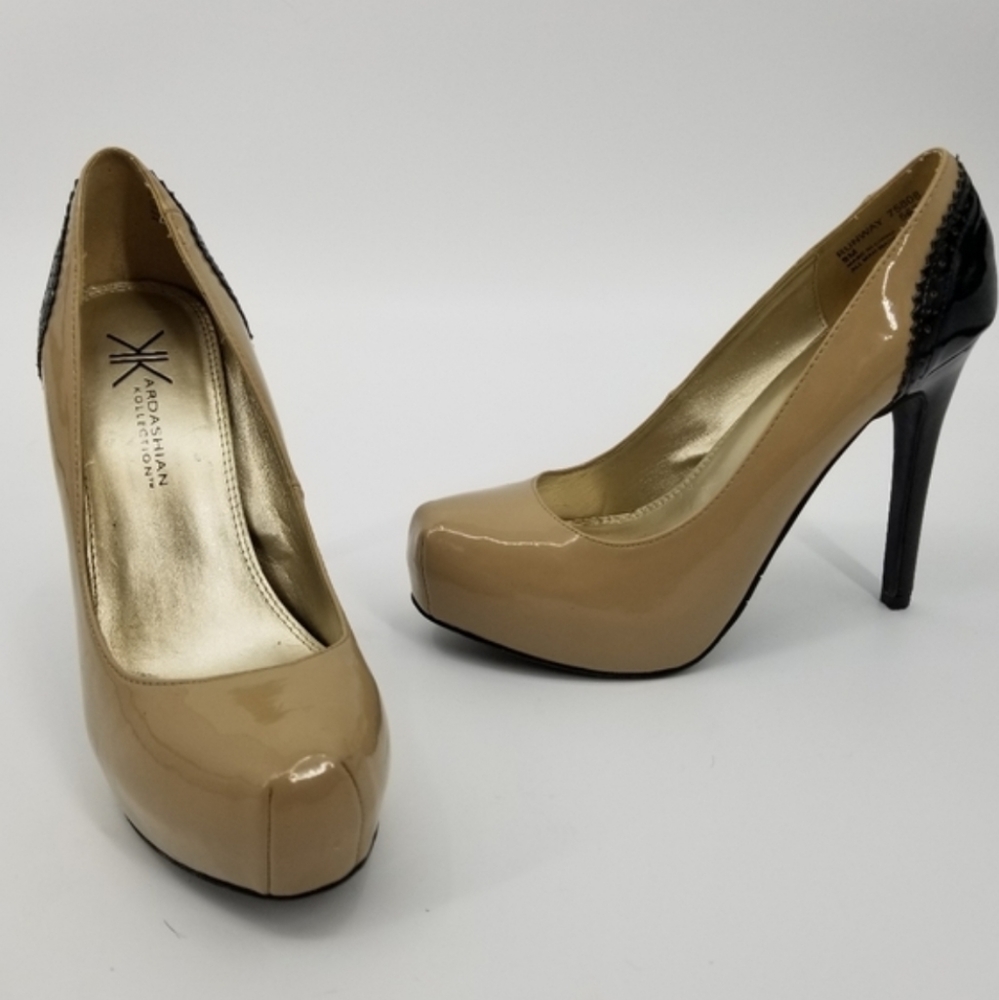 Kardashian Kollection Nude Patent Platform Pumps with Black Heel Detail